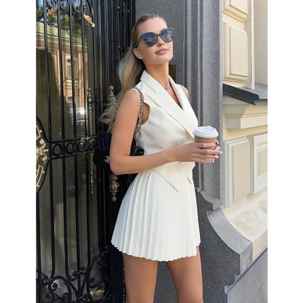 Commense Suit Waistcoat With Pleated Mini Skirt Set White NWT, Size M - Picture 3 of 16